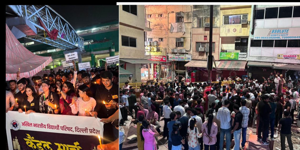 सत्य निकेतन हादसे में जान गंवाने वाले विद्यार्थियों को श्रद्धांजलि, अभाविप ने साउथ कैंपस में निकाला कैंडल मार्च
